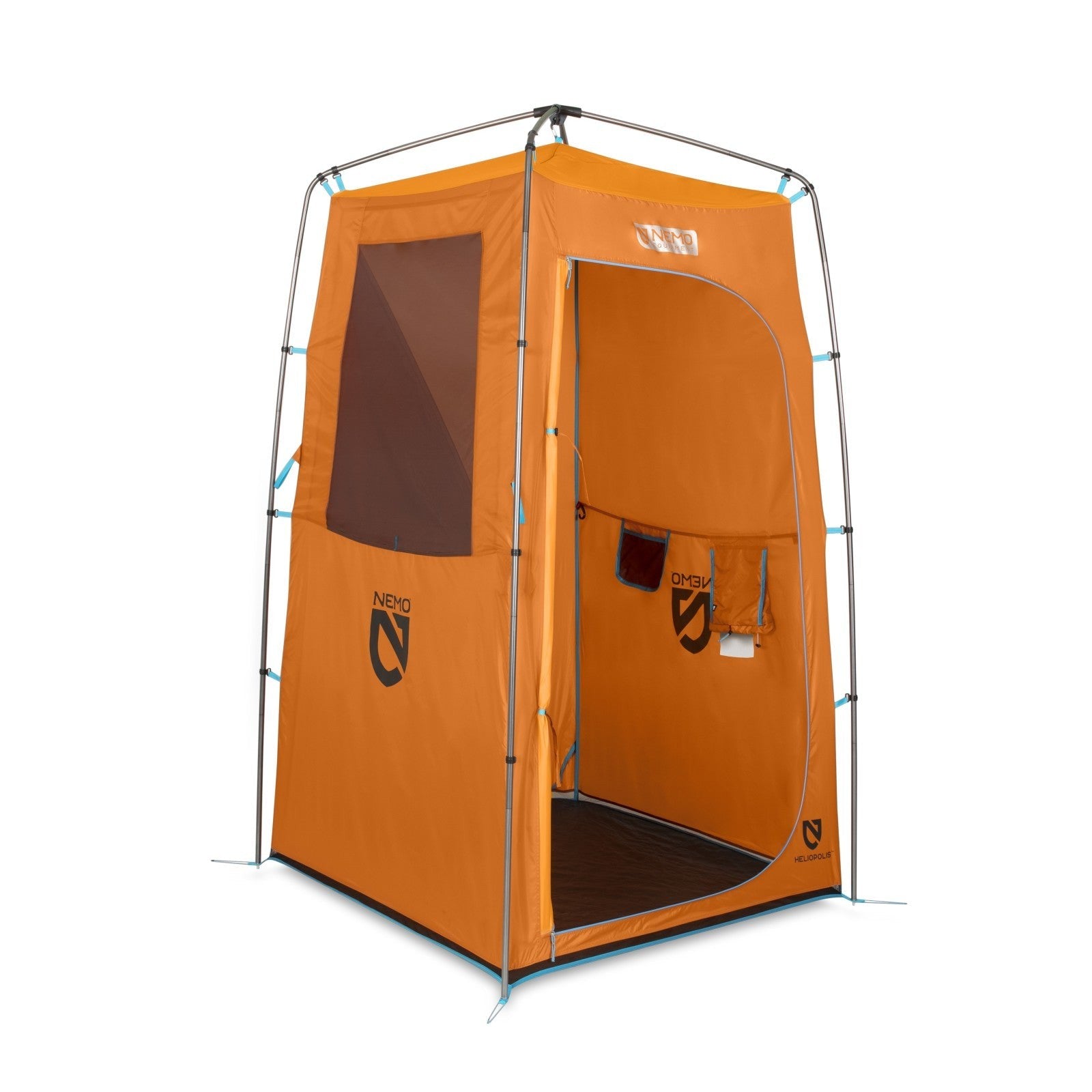 The NEMO Equipment Heliopolis™ Privacy Shelter & Shower Tent is an orange, portable shelter with a zippered door, mesh window, hanging storage pockets, and sturdy metal frame—ideal for use with Helio portable showers on outdoor adventures.
