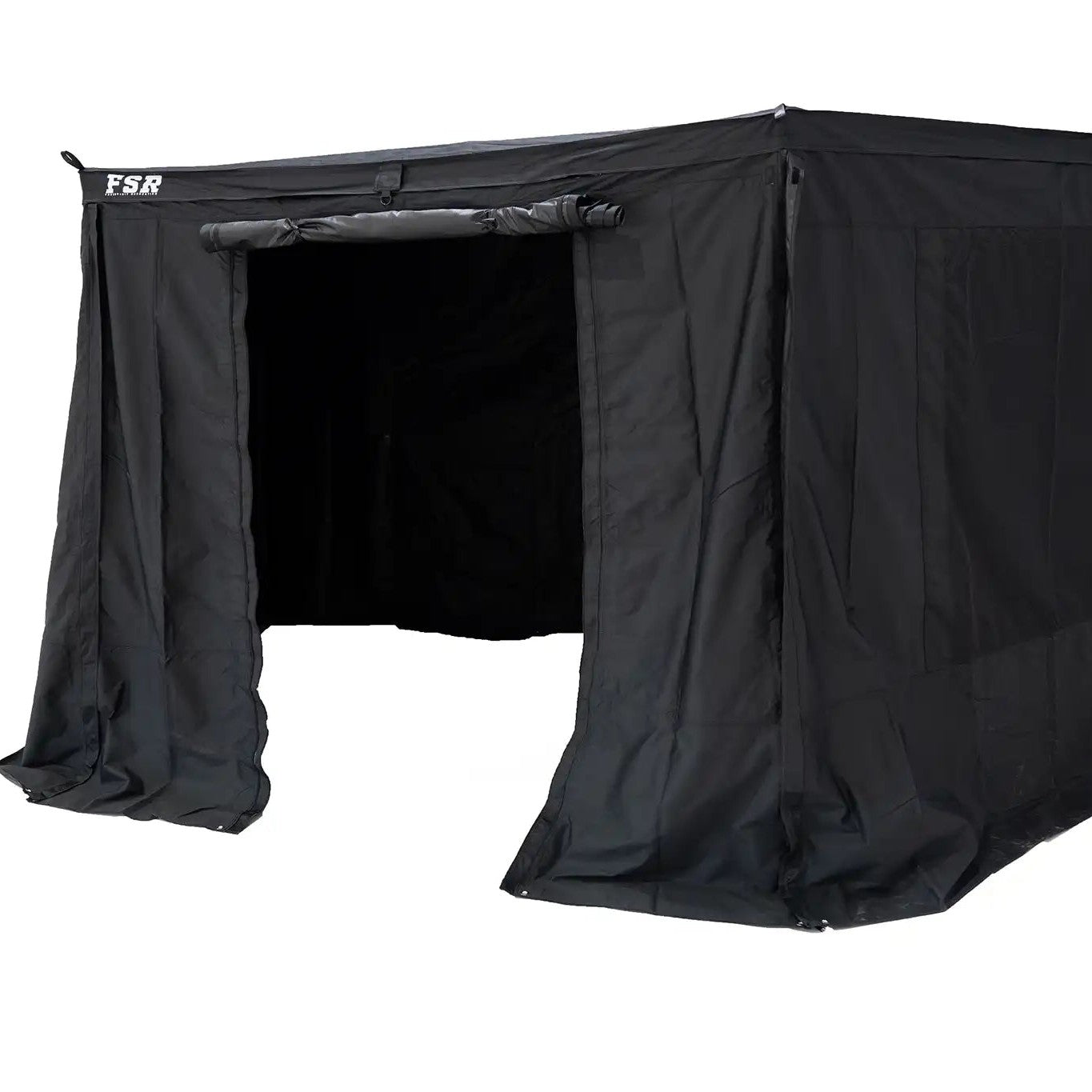 Image of the FSR 180 Awning Walls installed on the FSR 180 Degree Awning with the awning door open