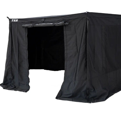 Image of the FSR 180 Awning Walls installed on the FSR 180 Degree Awning with the awning door open