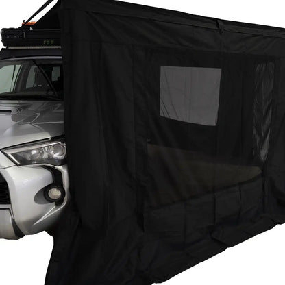 Close up of the mesh windows in the FSR 180 Awning Wall kit installed on the Freespirit Recreation 180 Degree Awning mounted on a Toyota 4Runner for added protection from the elements while car camping, overlanding, and off roading