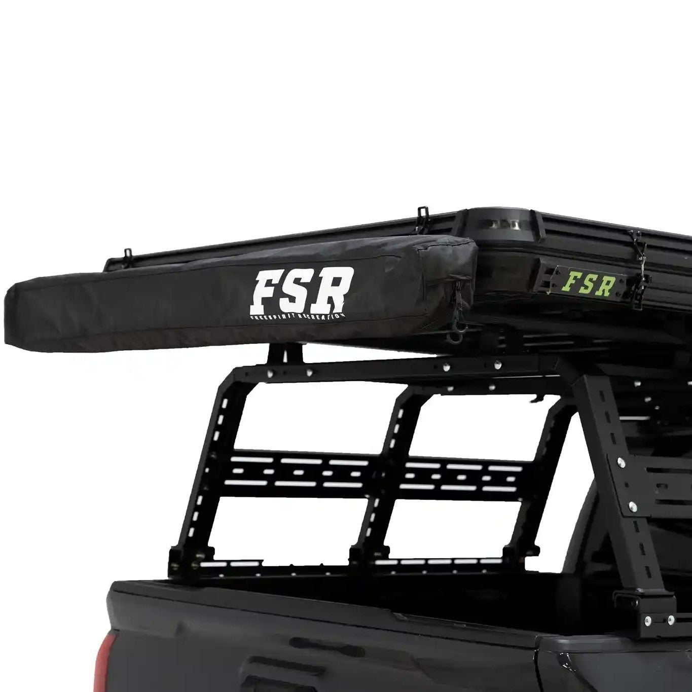 FSR 180 tailgate awning closed up in the zippered storage bag, mounted to a Free Spirit Recreation rooftop tent on the rear of a 4x4 Toyota Tacoma