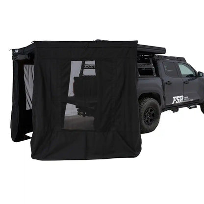 FSR 96 inch awning walls installed on the Free Spirit Recreation 180 Tailgate Awning with door and windows open