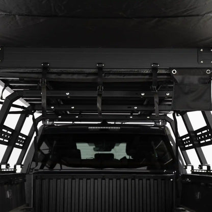 Interior view of the FSR 180 Tailgate Awning when mounted to the rear of a truck bed rack.
