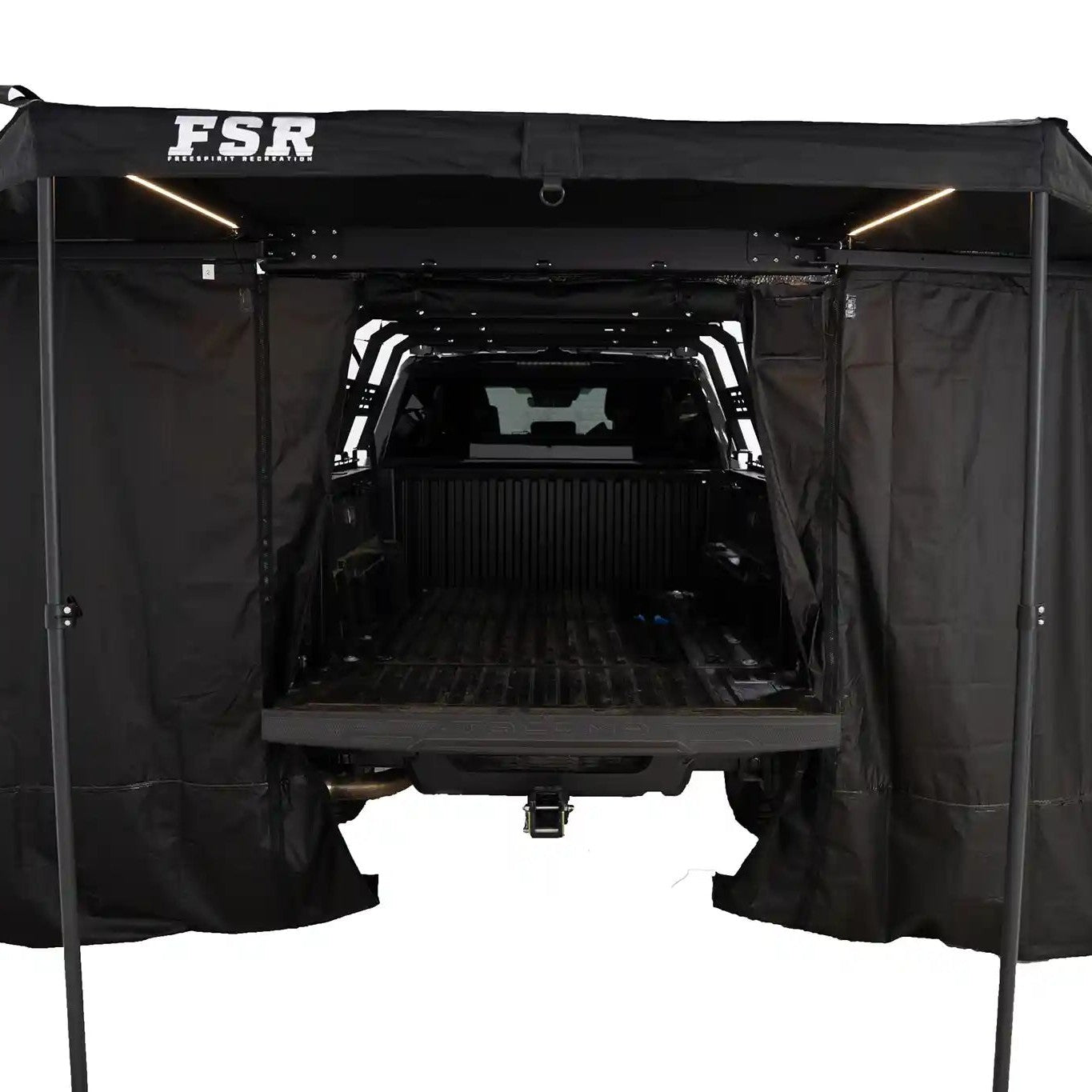 FSR 180 Tailgate Awning with rear and side walls open and awning support poles in place