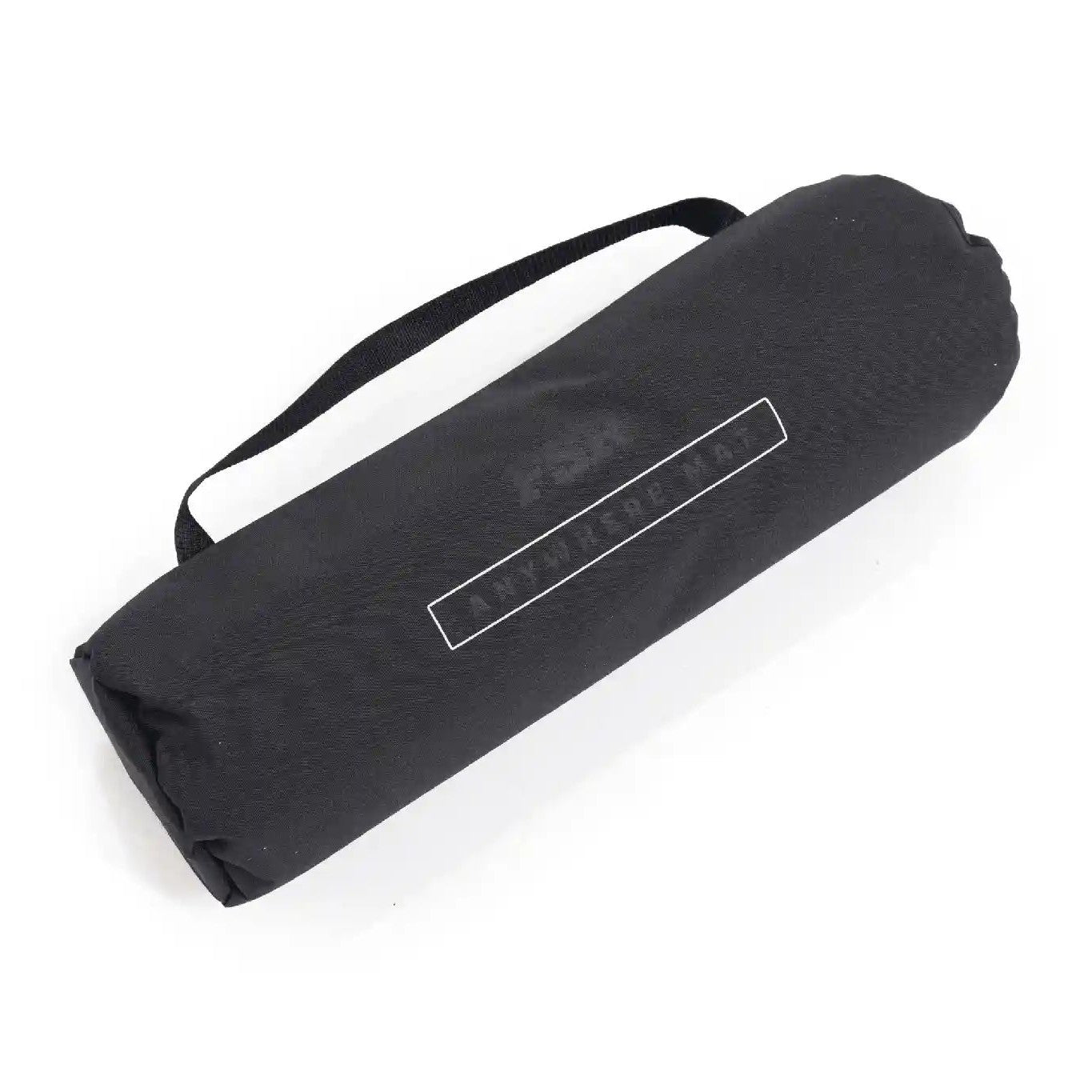 Black rolled-up FSR Anywhere Camping Mat in storage bag with strap on a white background