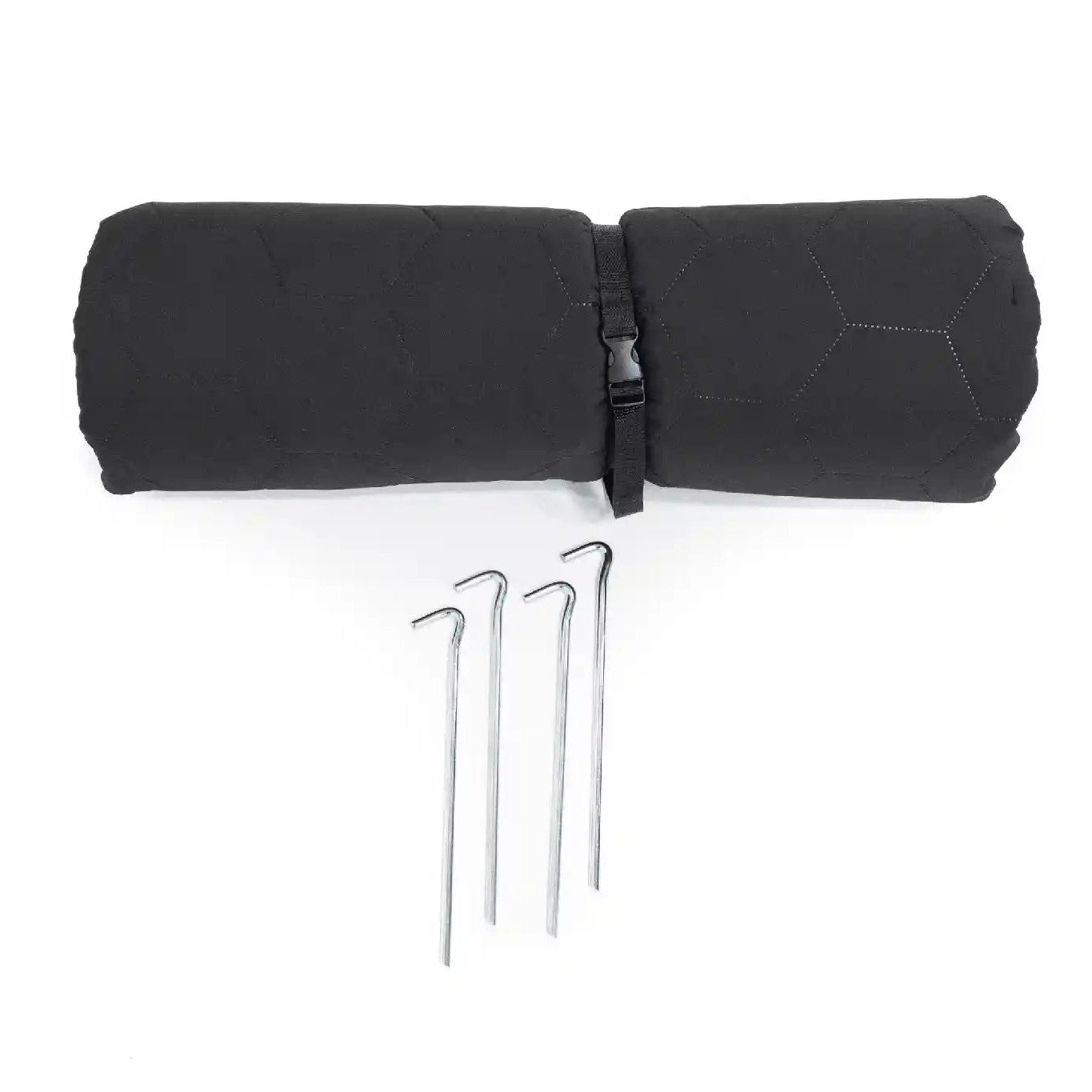 FSR Anywhere Camping Mat rolled up with storage strap and included ground pad stakes on a white background