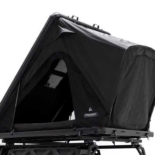 Free Spirit Recreation Aspen Lite XL rooftop tent installed and set up on a truck bed rack