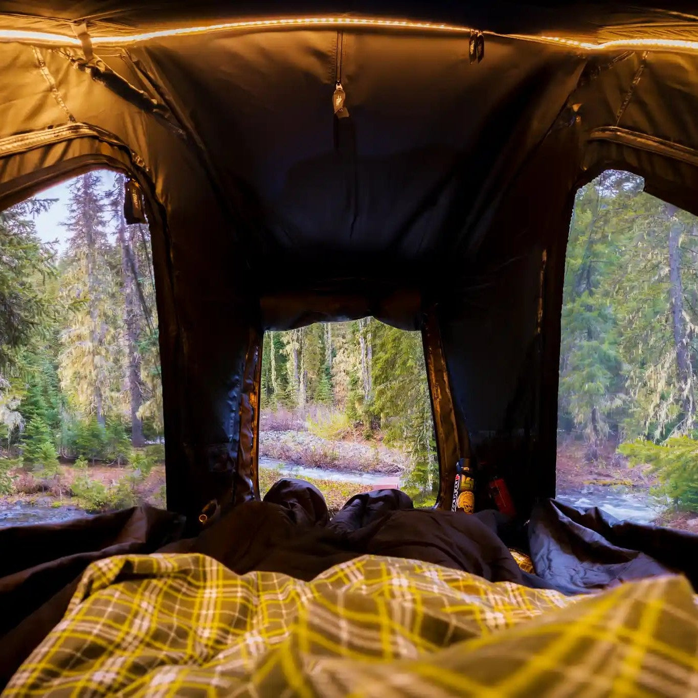 View from inside the FSR Apsen Pro Standard rooftop tent looking out the open windows onto a forested campsite with a river below.