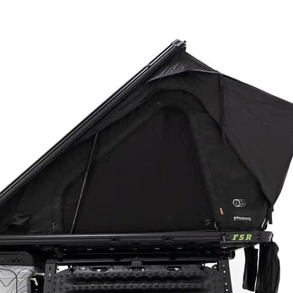 Side profile, close up photo of FSR Aspen Pro Standard roof top tent from Freespirit Recreation mounted on the bed of a short bed Toyota Tacoma pickup.