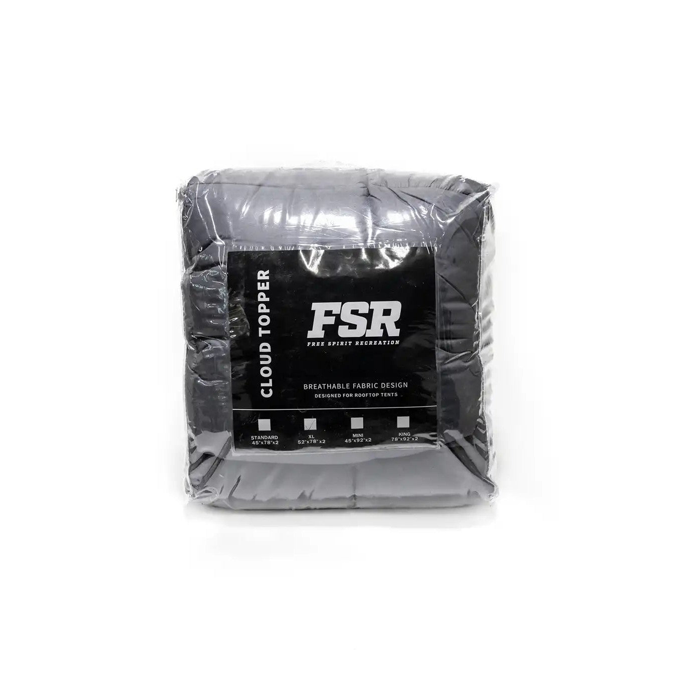 Front view of the FSR Cloud Topper rooftop tent mattress topper from Free Spirit Recreation packed in its clear plastic zippered storage bag