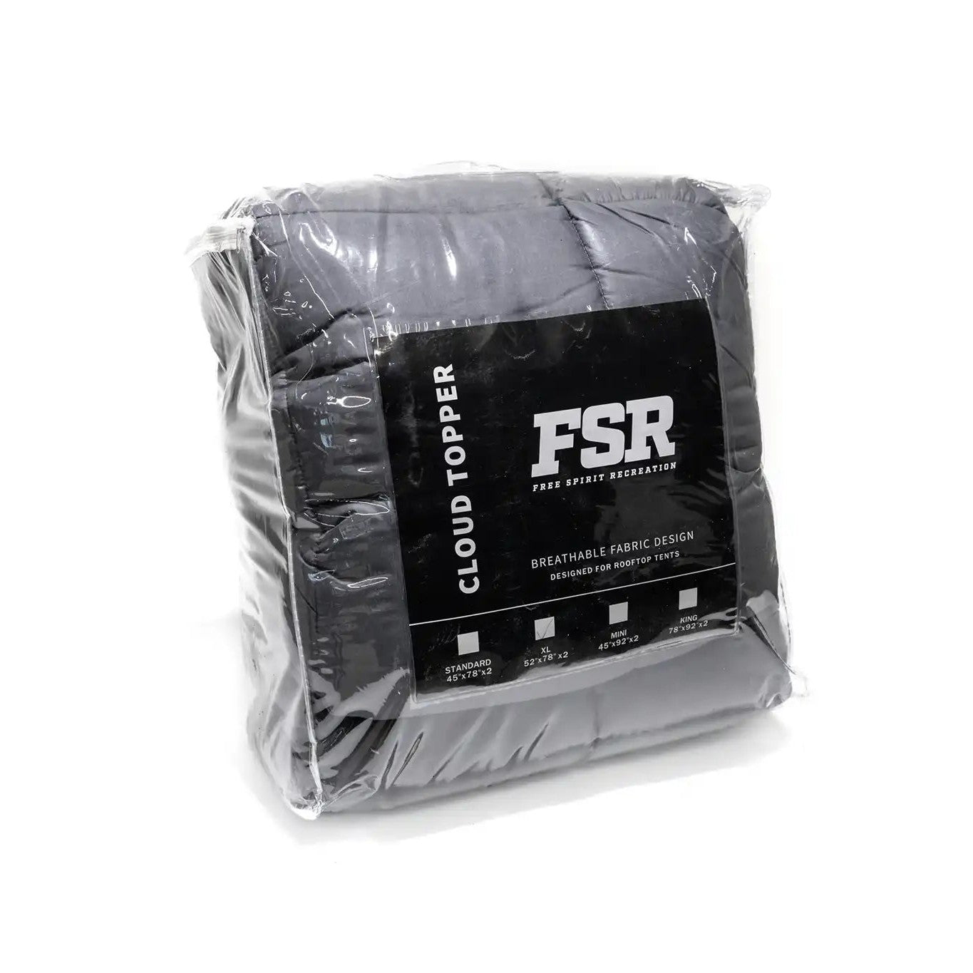 Close up image of the sizing chart for the FSR Cloud Topper rooftop tent mattress topper from Free Spirit Recreation on the front of the clear plastic zippered storage bag