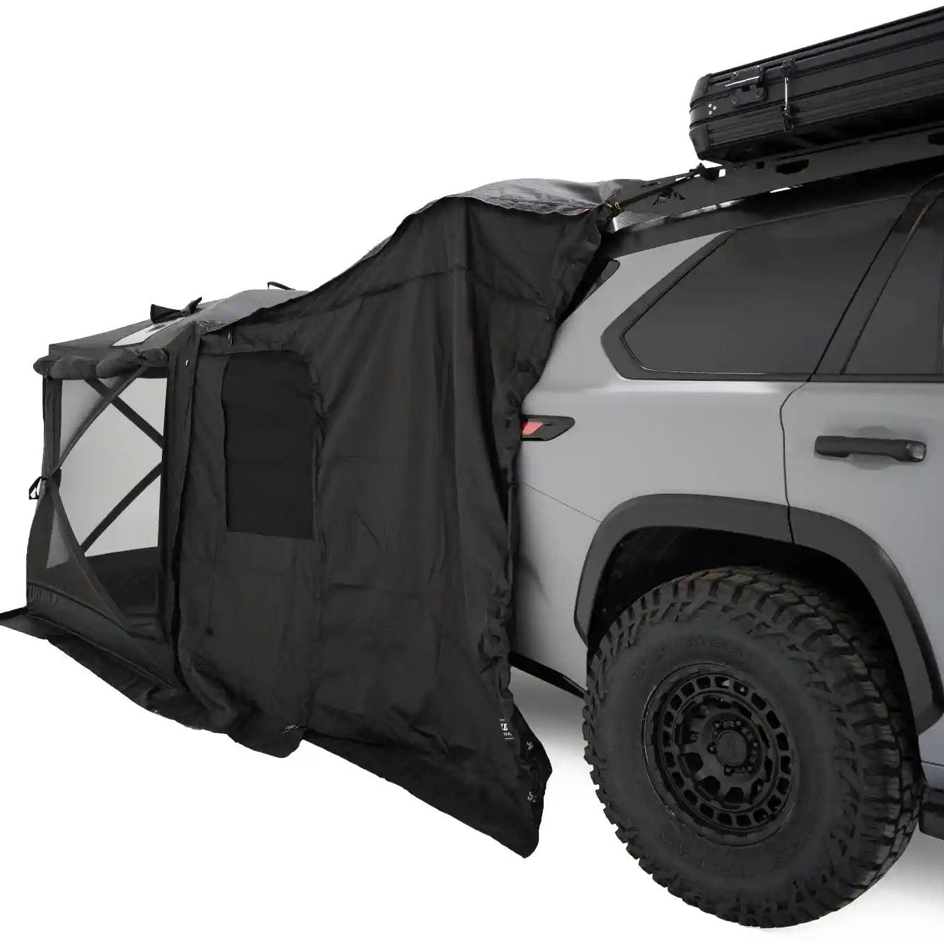 FSR Hub 4XL with Car Connect attached to the back of a gray SUV for car camping