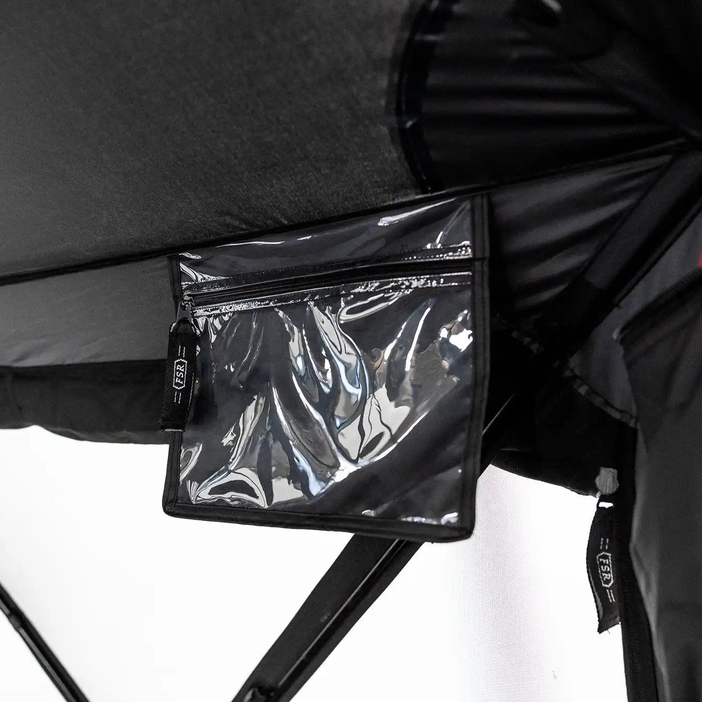 Close-up photo of the built in waterproof storage compartment inside the FSR Hub 6XL Tent pop up 6 person family camping and glamping tent from Freespirit Recreation