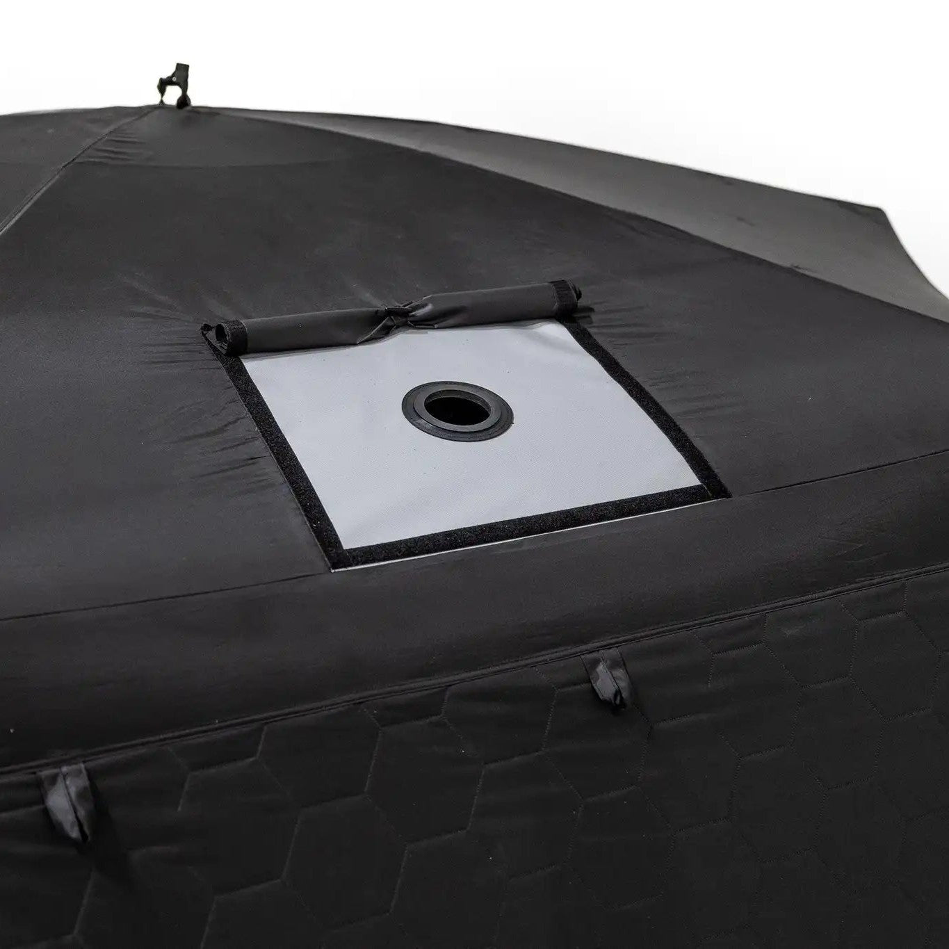 Close up photo of the built-in stove port on the FSR Hub 6XL Tent - pop up 6 person family camping and glamping tent from Freespirit Recreation