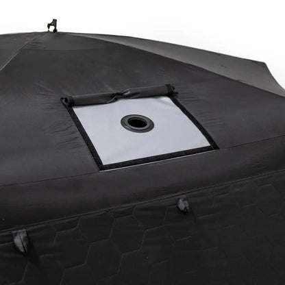 Close up photo of the built-in stove port on the FSR Hub 6XL Tent - pop up 6 person family camping and glamping tent from Freespirit Recreation