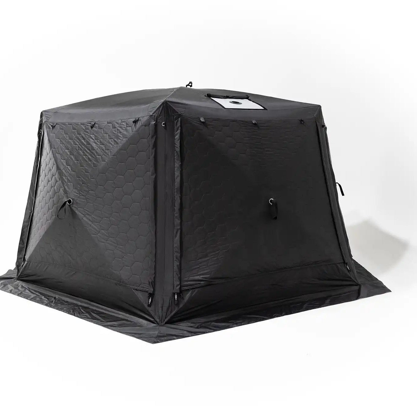 Photo of the FSR Hub 6XL Tent pop up 6 person family camping and glamping tent from Freespirit Recreation with door and all windows closed and stove port exposed
