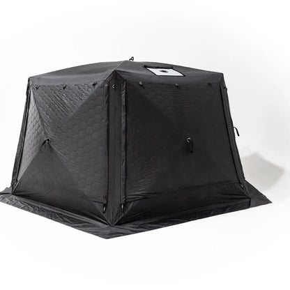 Photo of the FSR Hub 6XL Tent pop up 6 person family camping and glamping tent from Freespirit Recreation with door and all windows closed and stove port exposed