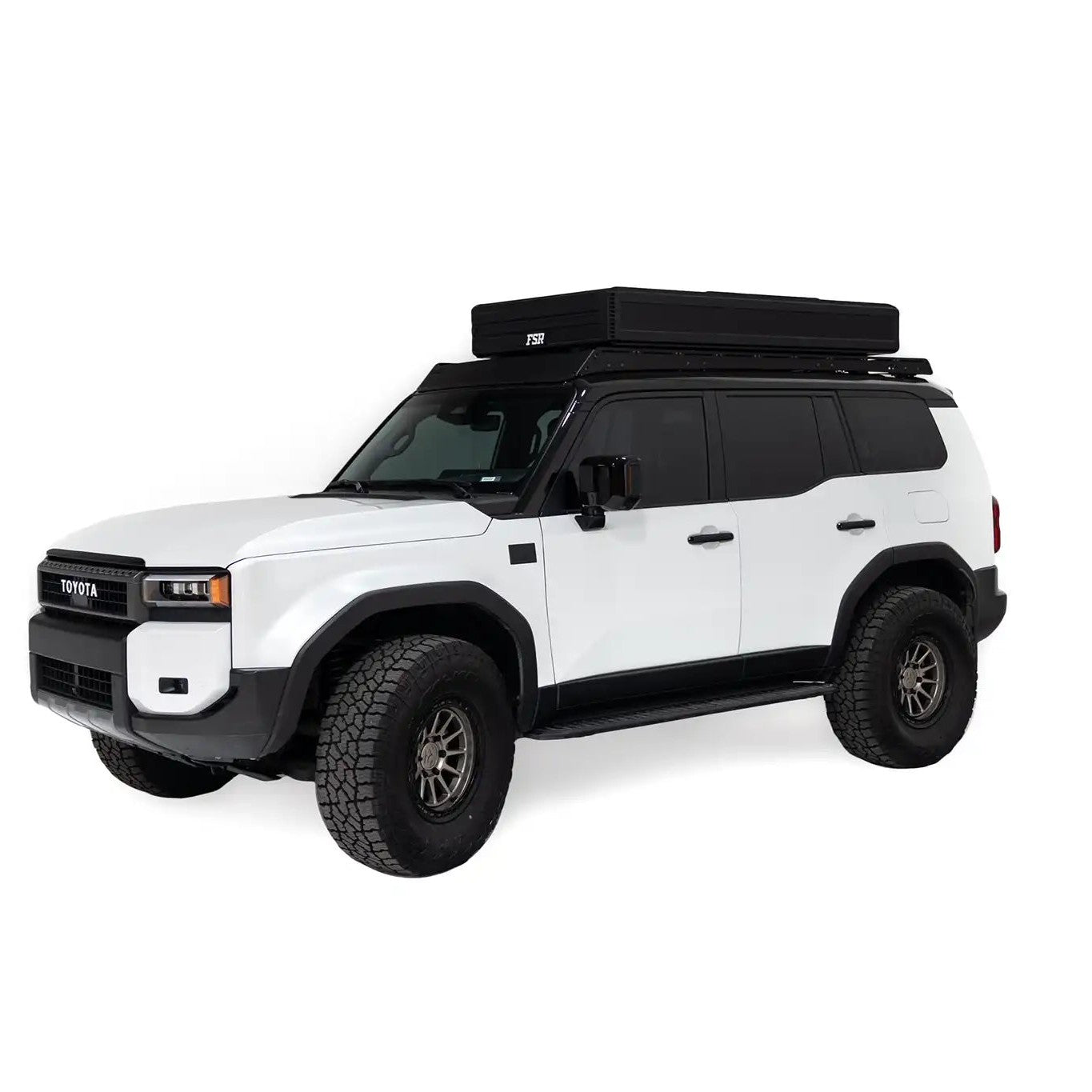 Exterior photo of the closed FSR Nova King rooftop tent mounted on a white Toyota Land Cruiser 250.