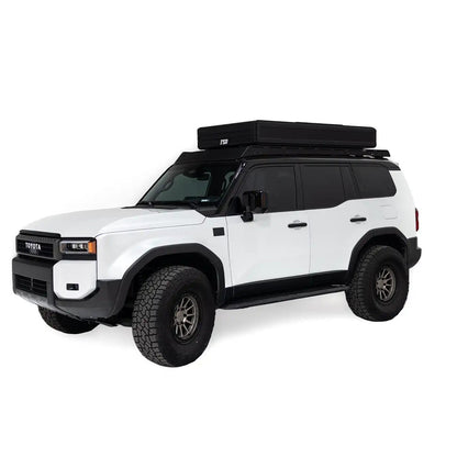 Exterior photo of the closed FSR Nova King rooftop tent mounted on a white Toyota Land Cruiser 250.
