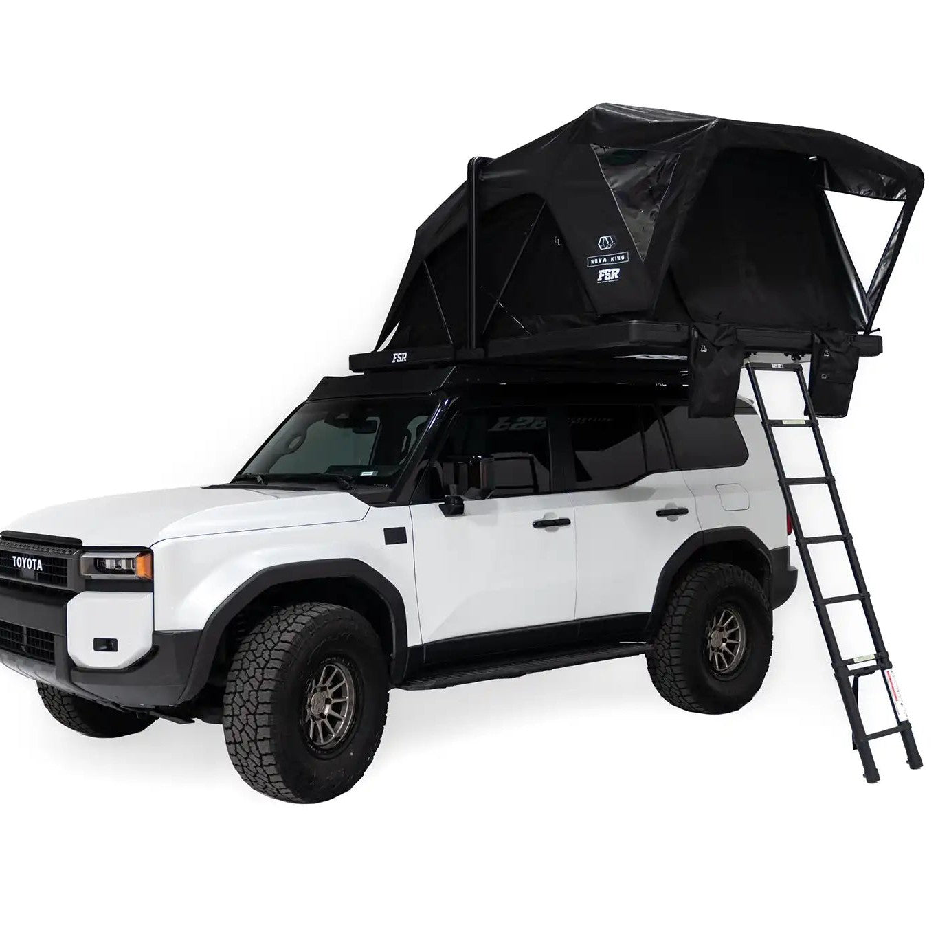 Exterior photo of the deployed FSR Nova King rooftop tent mounted on a white Toyota Land Cruiser 250.