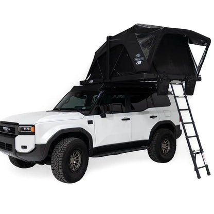 Exterior photo of the deployed FSR Nova King rooftop tent mounted on a white Toyota Land Cruiser 250.
