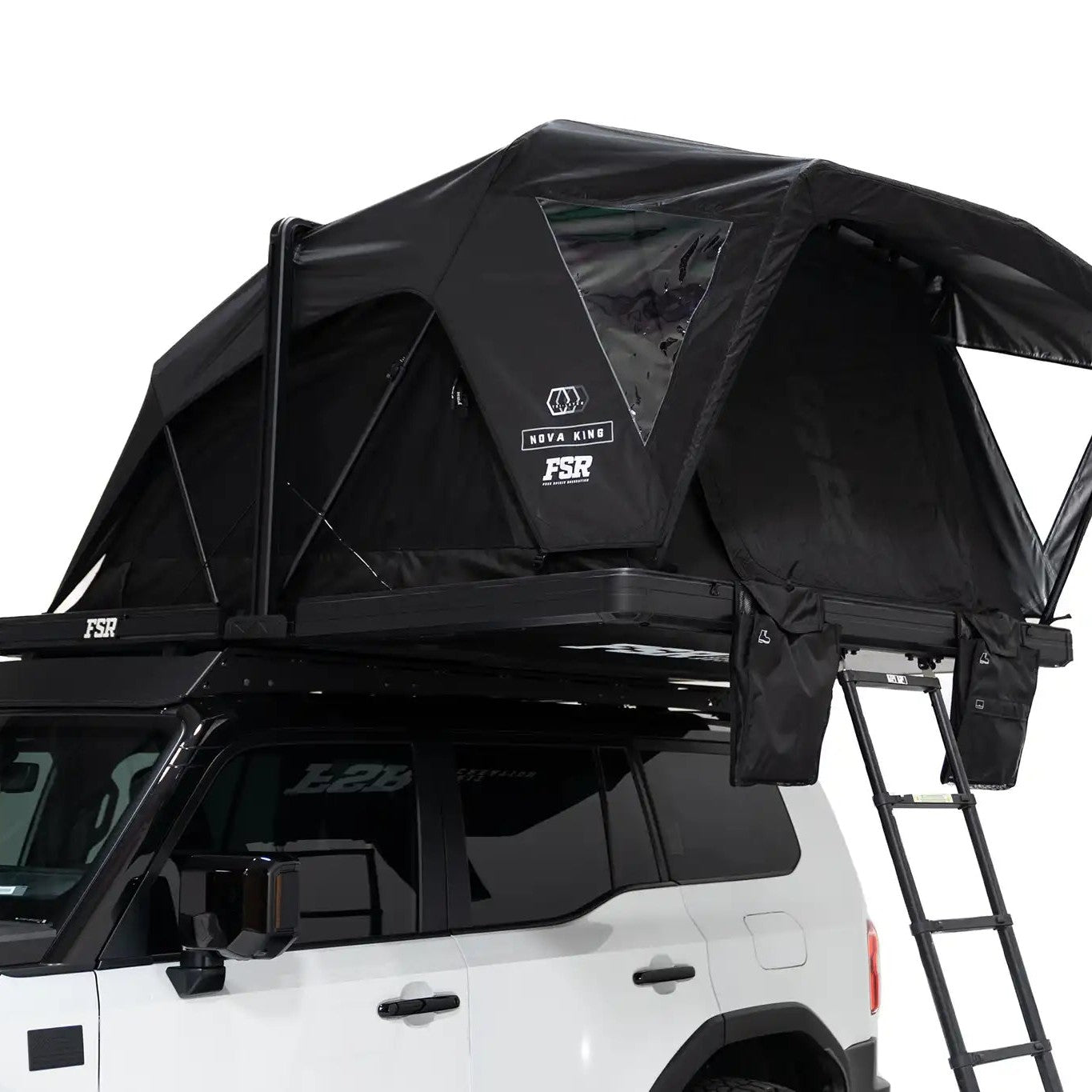 Close-up exterior photo of the Nova King rooftop tent installed with doors and windows closed