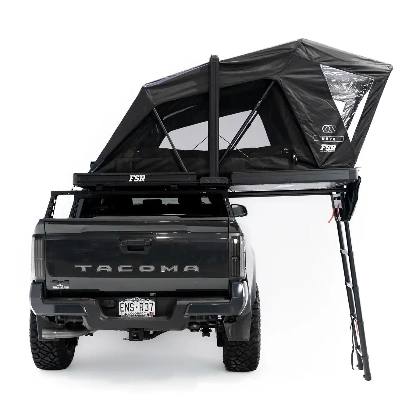 Rear photo of FSR Nova rooftop tent deployed on the rear of a black 2025 Toyota Tacoma.