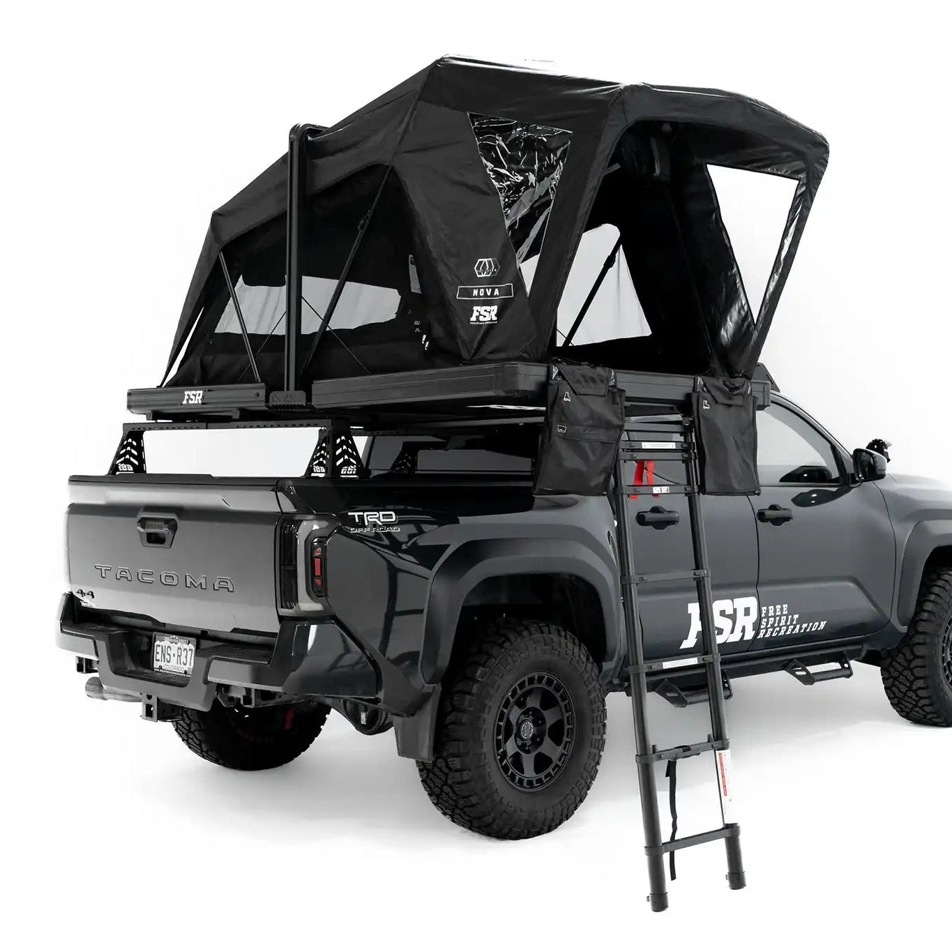 Rear angle photo of FSR Nova rooftop tent deployed on the rear of a 2025 Toyota Tacoma with ladder down.