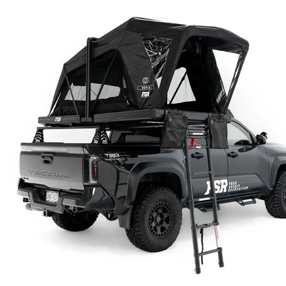 Rear angle photo of FSR Nova rooftop tent deployed on the rear of a 2025 Toyota Tacoma with ladder down.