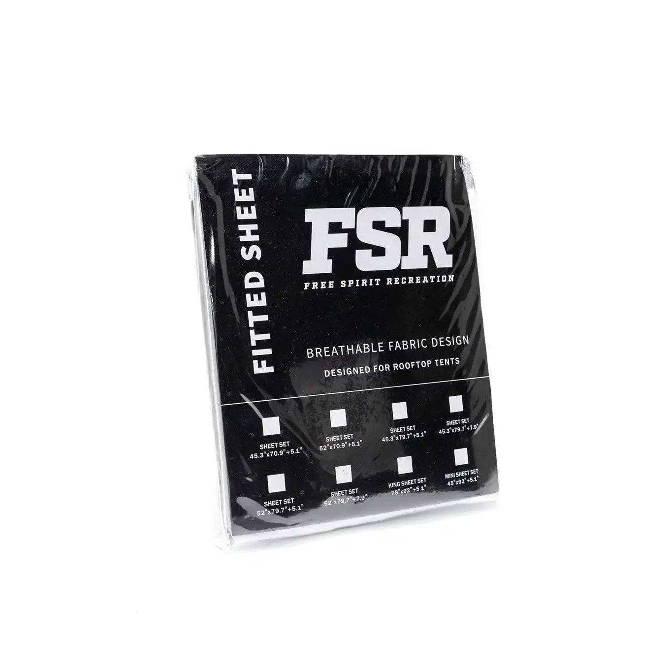 FSR Rooftop Tent Mattress Fitted Sheet in a zippered package indicating fabric properties with sizing chart