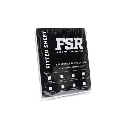 FSR Rooftop Tent Mattress Fitted Sheet in a zippered package indicating fabric properties with sizing chart