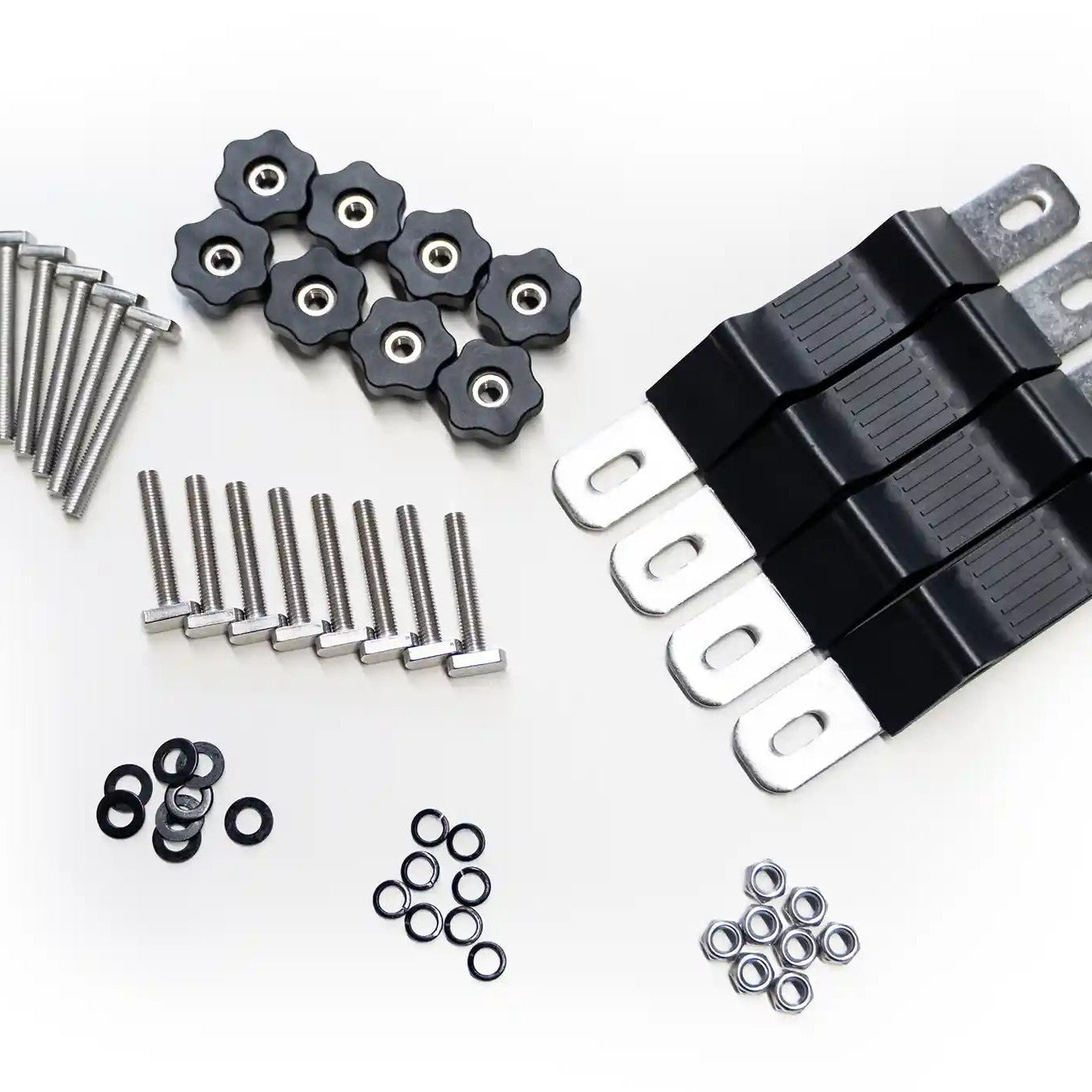 Top-down view of the FSR Roof Top Tent mounting hardware kit components from Free Spirit Recreation