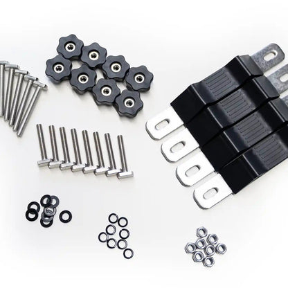 Top-down view of the FSR Roof Top Tent mounting hardware kit components from Free Spirit Recreation
