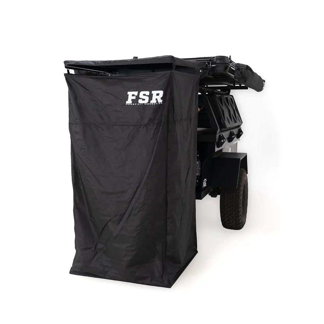 FSR Shower Awning from Freespirit Recreation mounted to an overland trailer to use as a camping bathroom and shower tent while off roading