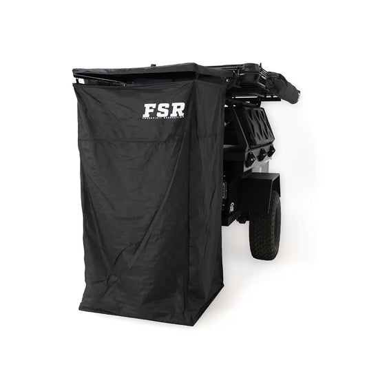 FSR Shower Awning from Freespirit Recreation mounted to an overland trailer to use as a camping bathroom and shower tent while off roading