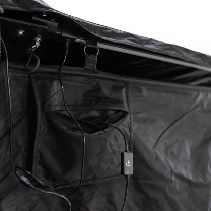 Close up image of the FSR Shower Awning LED light switch and exterior pocket for storing a battery pack