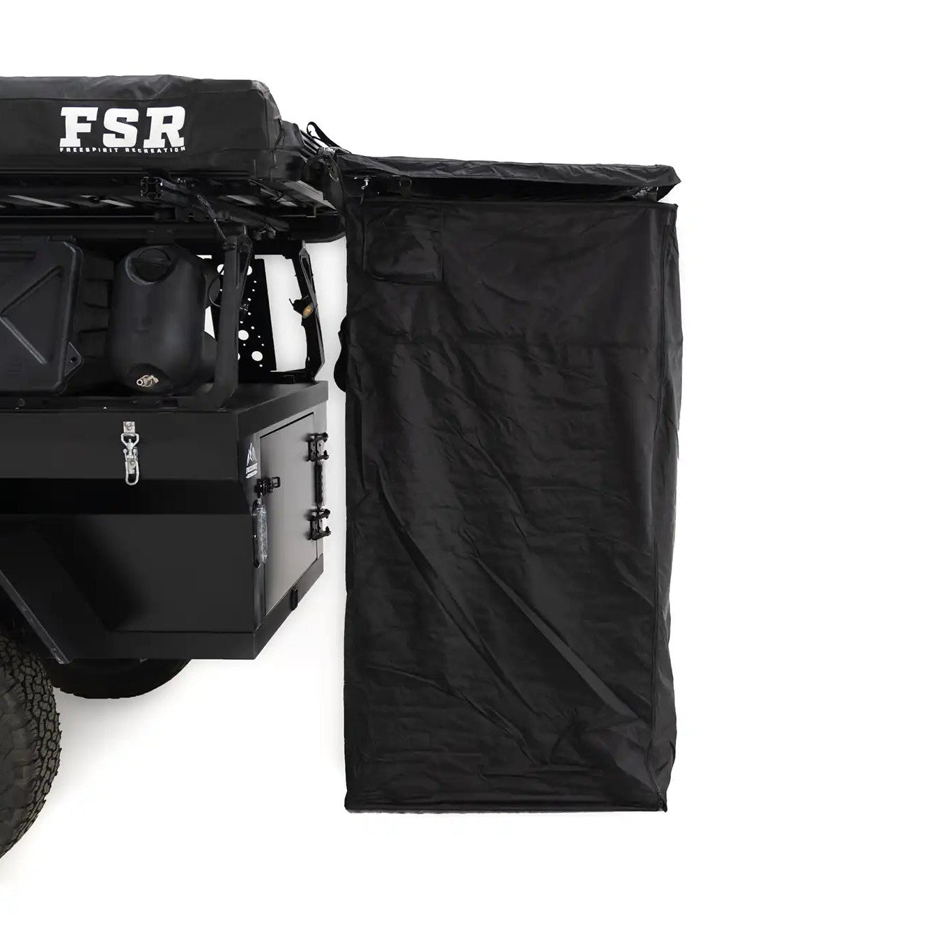 Side-profile image of the FSR Shower Awning from Freespirit Recreation mounted to the back of an overland trailer to use as a camping bathroom and shower tent