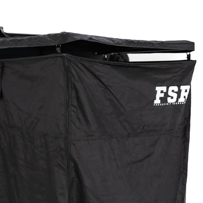 Close up image of the Shower Awning with curtain and roof installed with FSR branding visible mounted to a Freespirit Recreation roof top tent for use as a camping shower and bathroom tent