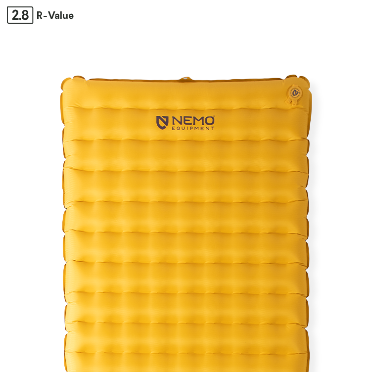 A yellow NEMO Equipment Tensor™ Trail Ultralight Insulated Sleeping Pad with an R-value of 2.8 and Spaceframe baffle design is shown against a white background.