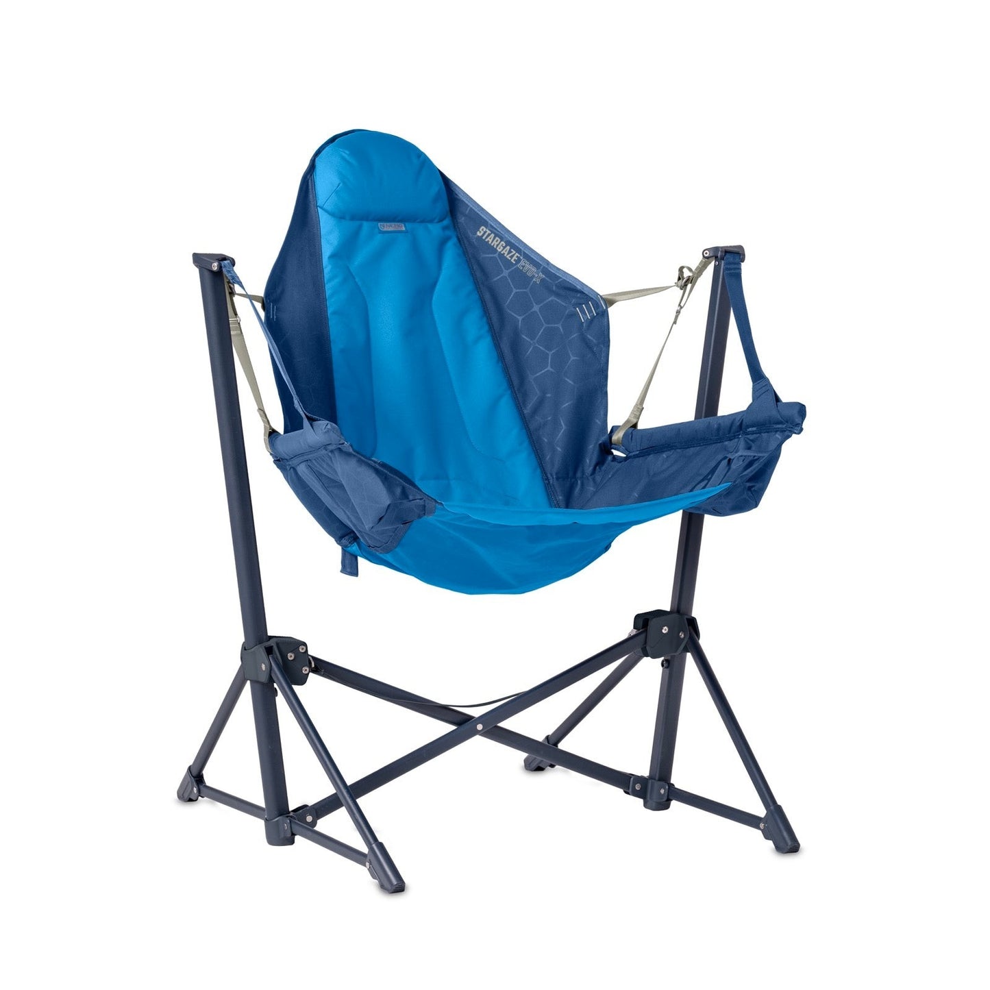 The NEMO Equipment Stargaze™ EVO-X Folding Reclining Camp Chair features hammock-style seating, a blue fabric seat, black folding frame, upright supports, and fabric armrests for luxury comfort while camping.