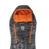 A close-up of the NEMO Equipment Disco™ Men's Endless Promise® Down Sleeping Bag in gray with orange interior, showing its hooded design, front logo, and Thermo Gill vents for adjustable ventilation.