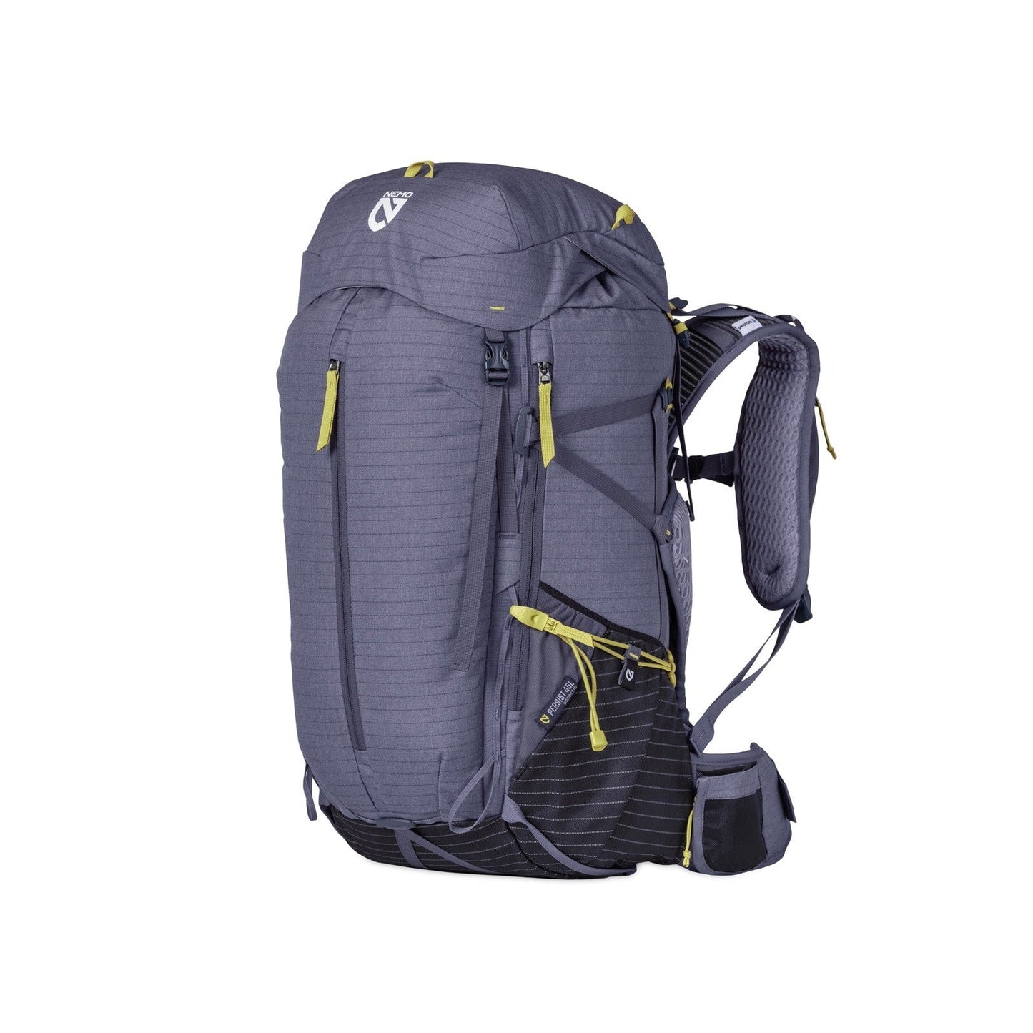 The NEMO Equipment Persist™ Women's 45L Endless Promise® All-Adventure Backpack, in gray and black with yellow zipper pulls, features multiple compartments and padded straps. Made from sustainable materials. Shown on white background.