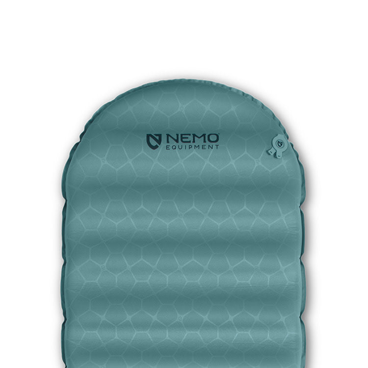 Top view of the NEMO Equipment Flyer™ Cloud Self-Inflating Sleeping Pad in teal, featuring a hexagonal pattern and logo near the top—ideal for backcountry camping.