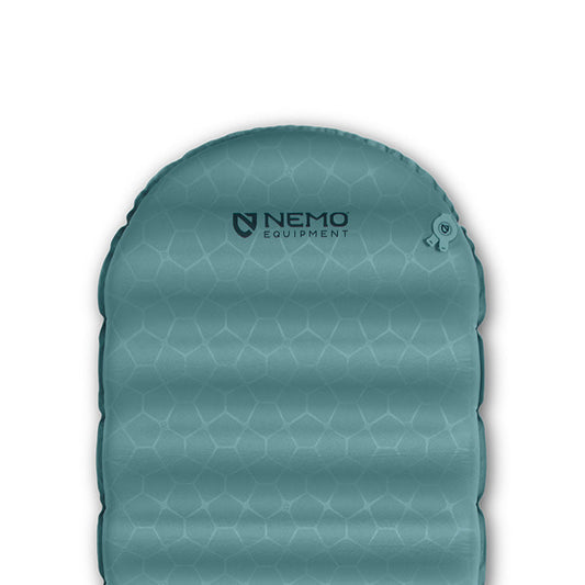 Top view of the NEMO Equipment Flyer™ Cloud Self-Inflating Sleeping Pad in teal, featuring a hexagonal pattern and logo near the top—ideal for backcountry camping.
