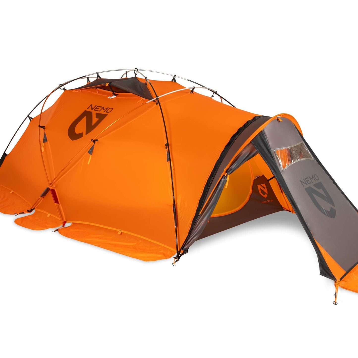Bright orange Chogori™ Mountaineering Tent by NEMO Equipment—dome-style, four-season tent with a vestibule and multiple support poles. "NEMO" branding appears on the side and vestibule panel, making it ideal for your next adventure.