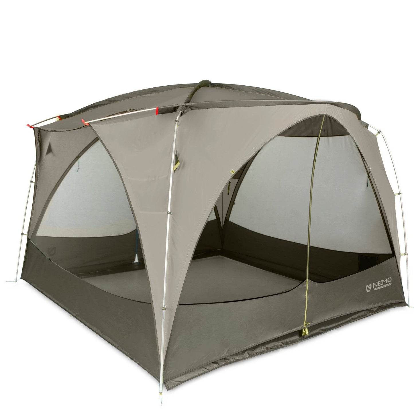 The NEMO Equipment Victory™ Screenhouse Camp Shelter is a freestanding, gray and beige dome-shaped shelter with mesh windows and an open entrance, providing rain protection and comfortable screened camping.