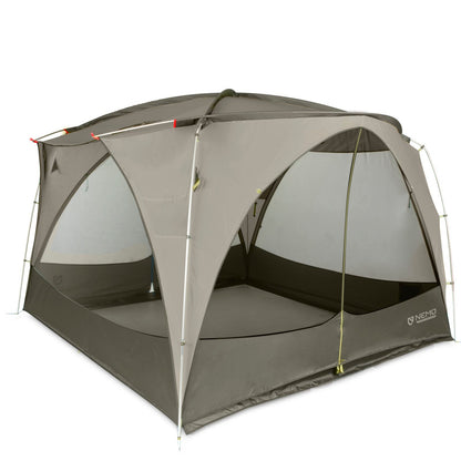 The NEMO Equipment Victory™ Screenhouse Camp Shelter is a freestanding, gray and beige dome-shaped shelter with mesh windows and an open entrance, providing rain protection and comfortable screened camping.