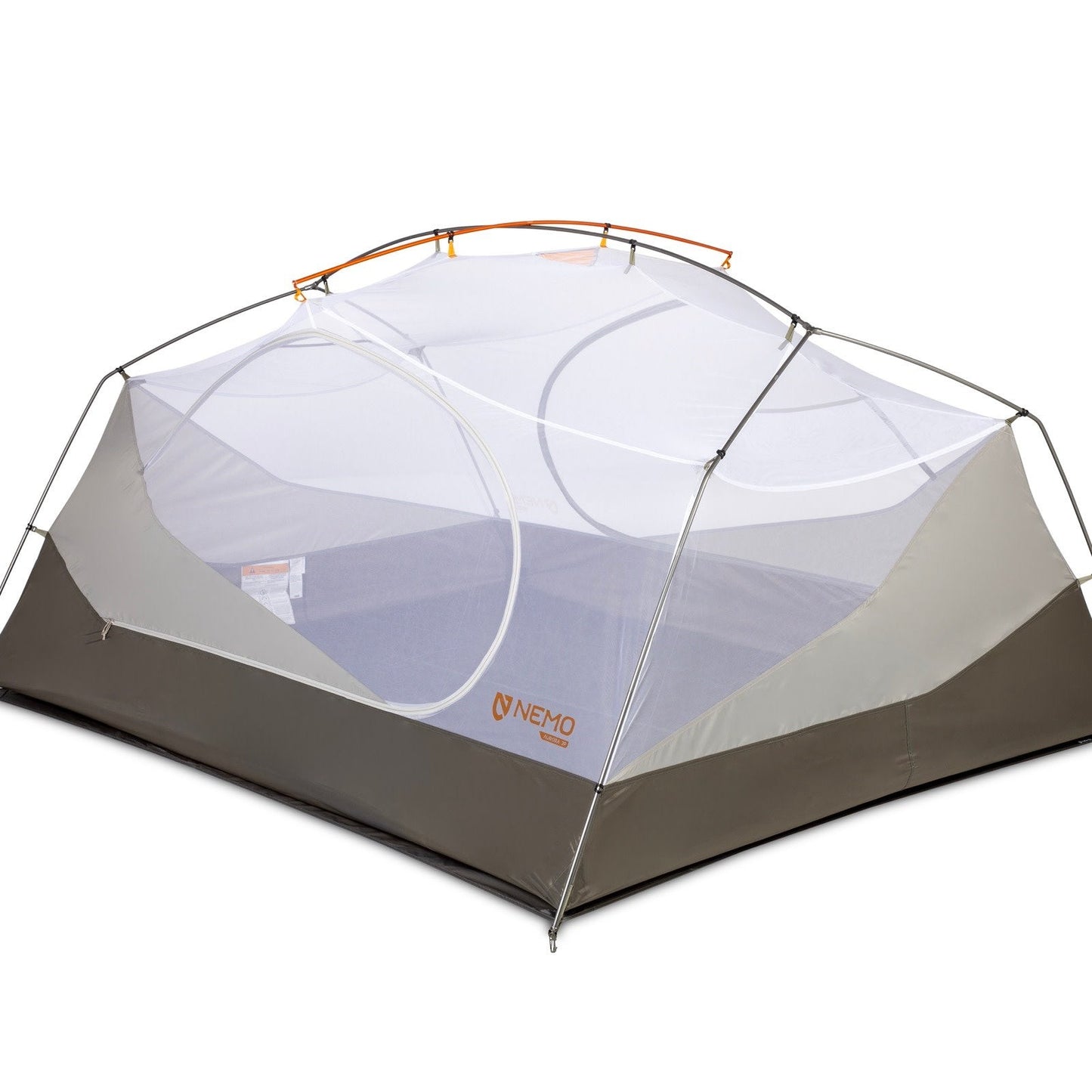 The NEMO Equipment Aurora™ Backpacking Tent & Footprint is a lightweight, freestanding 2-person tent with mesh upper panels, grey sides, and aluminum poles—ideal for eco-friendly adventurers, shown on a white background.