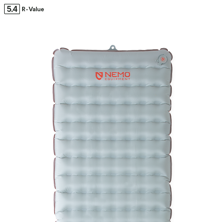 A gray NEMO Equipment Tensor™ All-Season Ultralight Insulated Sleeping Pad with horizontal air chambers, Spaceframe™ baffles, a valve, and an R-Value of 5.4 shown in the top left corner.