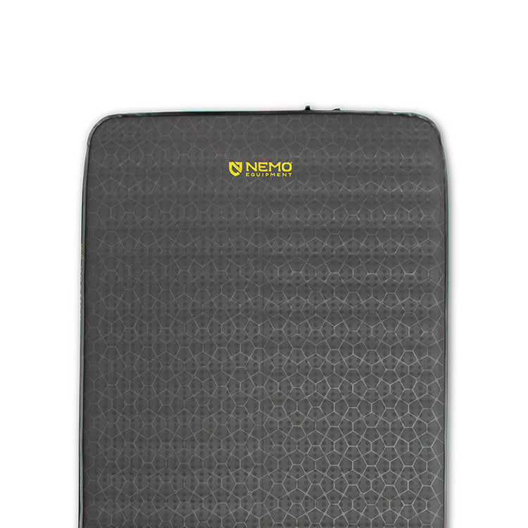 Rectangular dark gray Roamer™ Self-Inflating Mattress by NEMO Equipment, featuring a hexagonal pattern and a yellow "NEMO EQUIPMENT" logo near the top, displayed against a white background.